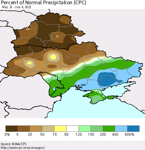 Ukraine, Moldova and Belarus Percent of Normal Precipitation (CPC) Thematic Map For 5/31/2021 - 6/6/2021