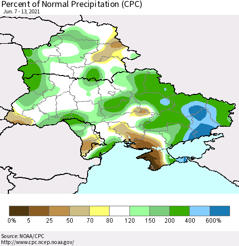 Ukraine, Moldova and Belarus Percent of Normal Precipitation (CPC) Thematic Map For 6/7/2021 - 6/13/2021