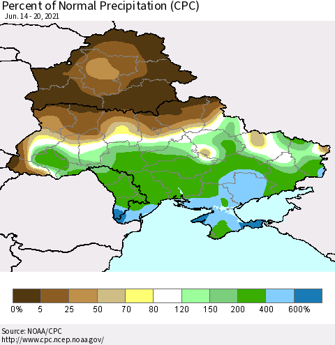 Ukraine, Moldova and Belarus Percent of Normal Precipitation (CPC) Thematic Map For 6/14/2021 - 6/20/2021