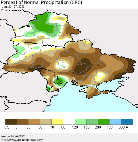 Ukraine, Moldova and Belarus Percent of Normal Precipitation (CPC) Thematic Map For 6/21/2021 - 6/27/2021