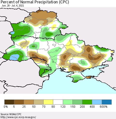 Ukraine, Moldova and Belarus Percent of Normal Precipitation (CPC) Thematic Map For 6/28/2021 - 7/4/2021