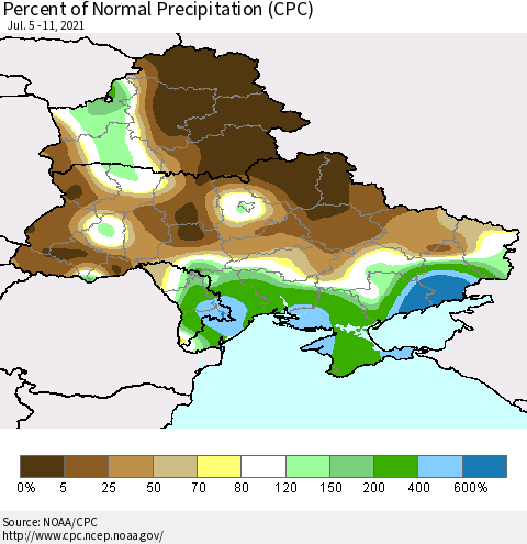 Ukraine, Moldova and Belarus Percent of Normal Precipitation (CPC) Thematic Map For 7/5/2021 - 7/11/2021
