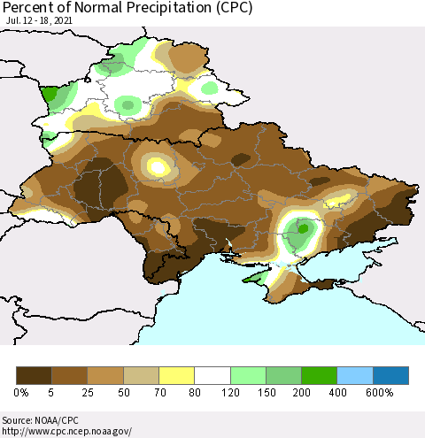 Ukraine, Moldova and Belarus Percent of Normal Precipitation (CPC) Thematic Map For 7/12/2021 - 7/18/2021