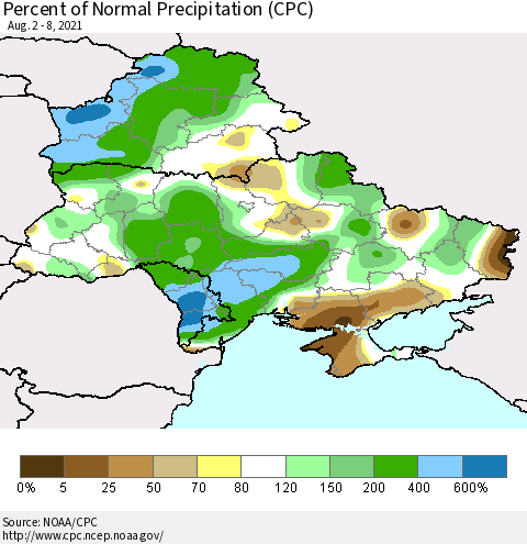 Ukraine, Moldova and Belarus Percent of Normal Precipitation (CPC) Thematic Map For 8/2/2021 - 8/8/2021