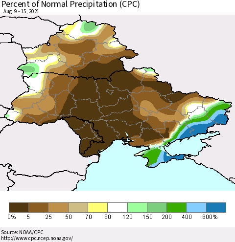 Ukraine, Moldova and Belarus Percent of Normal Precipitation (CPC) Thematic Map For 8/9/2021 - 8/15/2021
