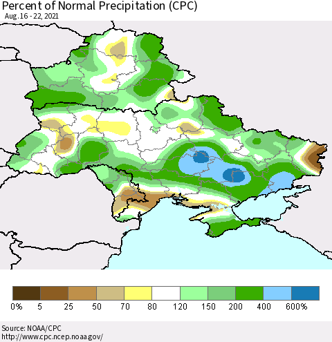 Ukraine, Moldova and Belarus Percent of Normal Precipitation (CPC) Thematic Map For 8/16/2021 - 8/22/2021