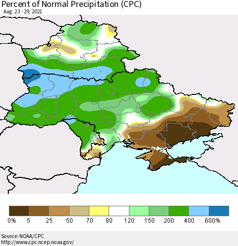 Ukraine, Moldova and Belarus Percent of Normal Precipitation (CPC) Thematic Map For 8/23/2021 - 8/29/2021