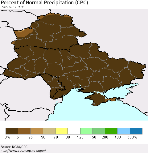 Ukraine, Moldova and Belarus Percent of Normal Precipitation (CPC) Thematic Map For 9/6/2021 - 9/12/2021