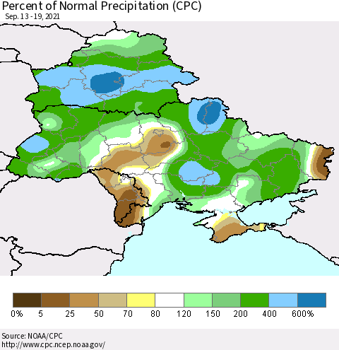 Ukraine, Moldova and Belarus Percent of Normal Precipitation (CPC) Thematic Map For 9/13/2021 - 9/19/2021