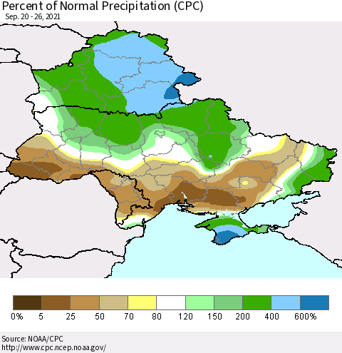 Ukraine, Moldova and Belarus Percent of Normal Precipitation (CPC) Thematic Map For 9/20/2021 - 9/26/2021