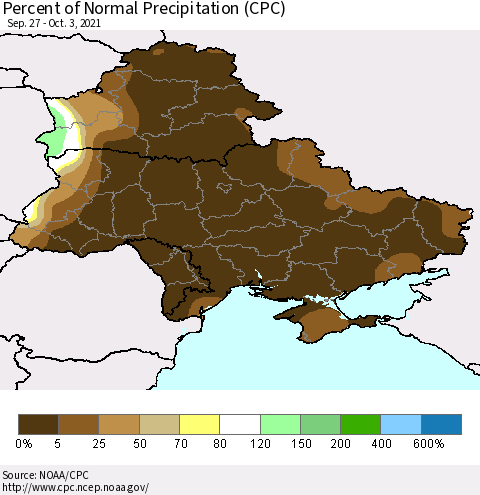 Ukraine, Moldova and Belarus Percent of Normal Precipitation (CPC) Thematic Map For 9/27/2021 - 10/3/2021