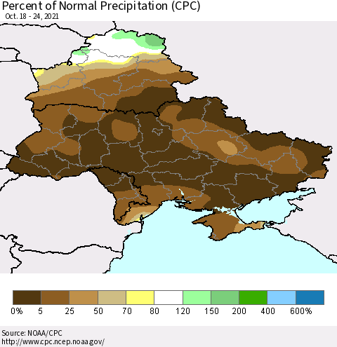 Ukraine, Moldova and Belarus Percent of Normal Precipitation (CPC) Thematic Map For 10/18/2021 - 10/24/2021