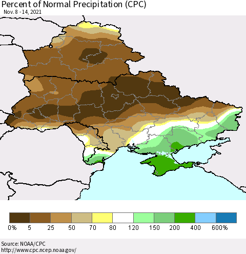Ukraine, Moldova and Belarus Percent of Normal Precipitation (CPC) Thematic Map For 11/8/2021 - 11/14/2021