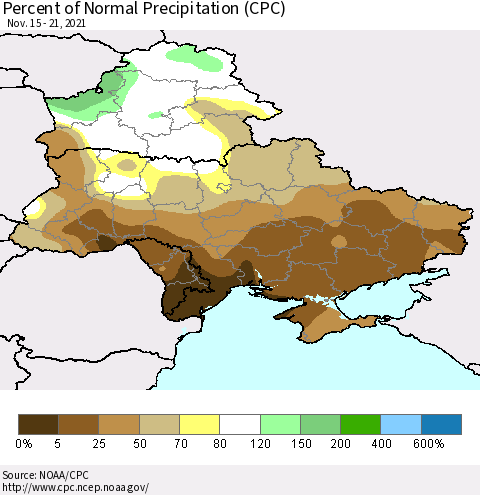 Ukraine, Moldova and Belarus Percent of Normal Precipitation (CPC) Thematic Map For 11/15/2021 - 11/21/2021