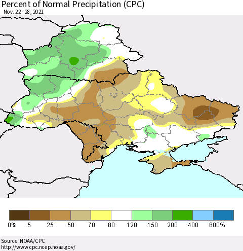 Ukraine, Moldova and Belarus Percent of Normal Precipitation (CPC) Thematic Map For 11/22/2021 - 11/28/2021
