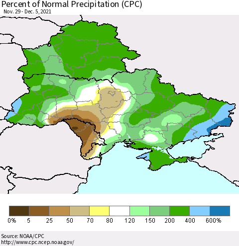 Ukraine, Moldova and Belarus Percent of Normal Precipitation (CPC) Thematic Map For 11/29/2021 - 12/5/2021