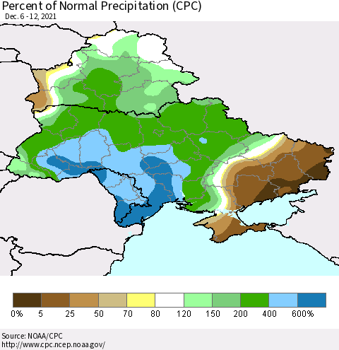 Ukraine, Moldova and Belarus Percent of Normal Precipitation (CPC) Thematic Map For 12/6/2021 - 12/12/2021