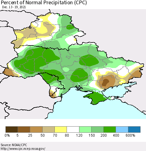 Ukraine, Moldova and Belarus Percent of Normal Precipitation (CPC) Thematic Map For 12/13/2021 - 12/19/2021