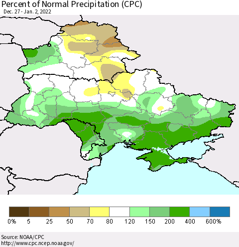 Ukraine, Moldova and Belarus Percent of Normal Precipitation (CPC) Thematic Map For 12/27/2021 - 1/2/2022