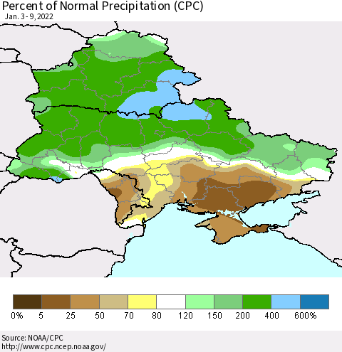 Ukraine, Moldova and Belarus Percent of Normal Precipitation (CPC) Thematic Map For 1/3/2022 - 1/9/2022
