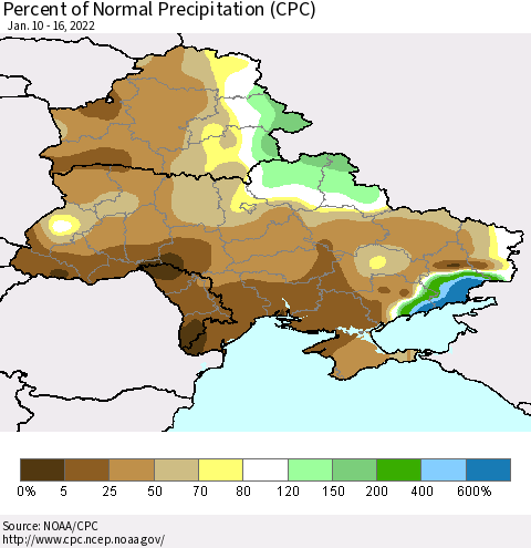 Ukraine, Moldova and Belarus Percent of Normal Precipitation (CPC) Thematic Map For 1/10/2022 - 1/16/2022