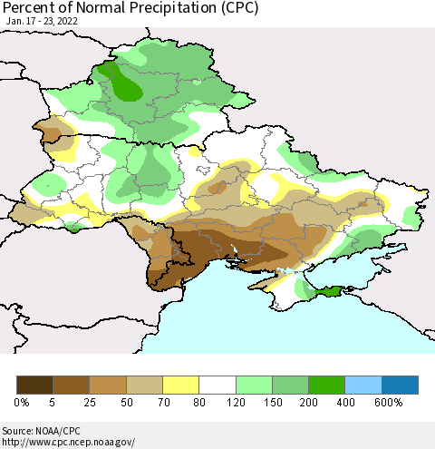 Ukraine, Moldova and Belarus Percent of Normal Precipitation (CPC) Thematic Map For 1/17/2022 - 1/23/2022
