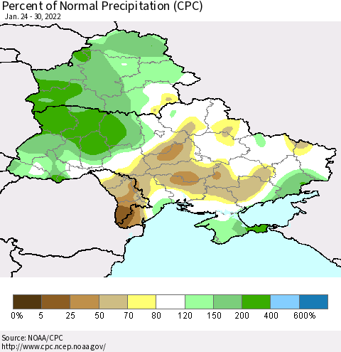 Ukraine, Moldova and Belarus Percent of Normal Precipitation (CPC) Thematic Map For 1/24/2022 - 1/30/2022