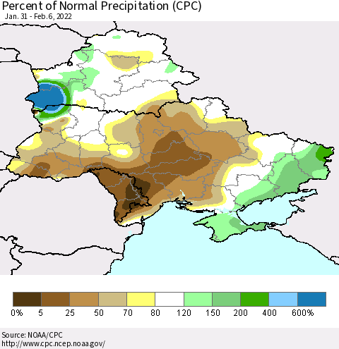 Ukraine, Moldova and Belarus Percent of Normal Precipitation (CPC) Thematic Map For 1/31/2022 - 2/6/2022