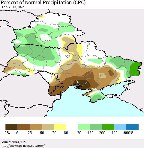 Ukraine, Moldova and Belarus Percent of Normal Precipitation (CPC) Thematic Map For 2/7/2022 - 2/13/2022
