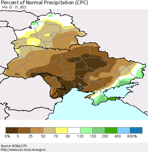 Ukraine, Moldova and Belarus Percent of Normal Precipitation (CPC) Thematic Map For 2/21/2022 - 2/27/2022