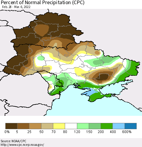 Ukraine, Moldova and Belarus Percent of Normal Precipitation (CPC) Thematic Map For 2/28/2022 - 3/6/2022