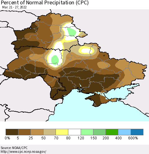 Ukraine, Moldova and Belarus Percent of Normal Precipitation (CPC) Thematic Map For 3/21/2022 - 3/27/2022
