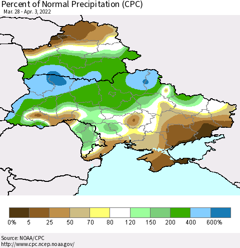 Ukraine, Moldova and Belarus Percent of Normal Precipitation (CPC) Thematic Map For 3/28/2022 - 4/3/2022