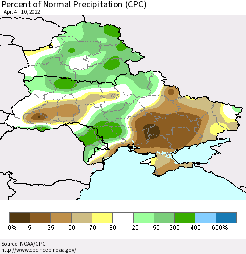 Ukraine, Moldova and Belarus Percent of Normal Precipitation (CPC) Thematic Map For 4/4/2022 - 4/10/2022