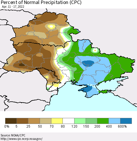 Ukraine, Moldova and Belarus Percent of Normal Precipitation (CPC) Thematic Map For 4/11/2022 - 4/17/2022