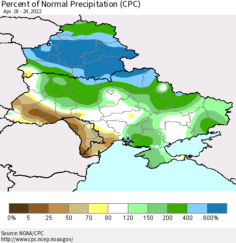 Ukraine, Moldova and Belarus Percent of Normal Precipitation (CPC) Thematic Map For 4/18/2022 - 4/24/2022