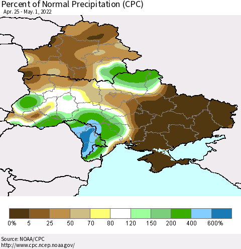 Ukraine, Moldova and Belarus Percent of Normal Precipitation (CPC) Thematic Map For 4/25/2022 - 5/1/2022