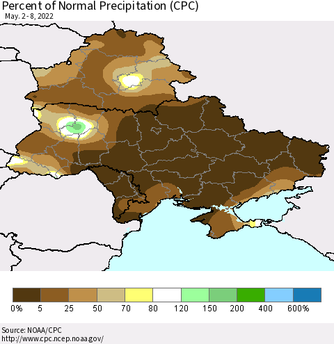 Ukraine, Moldova and Belarus Percent of Normal Precipitation (CPC) Thematic Map For 5/2/2022 - 5/8/2022