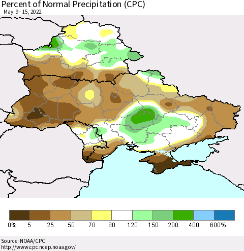 Ukraine, Moldova and Belarus Percent of Normal Precipitation (CPC) Thematic Map For 5/9/2022 - 5/15/2022