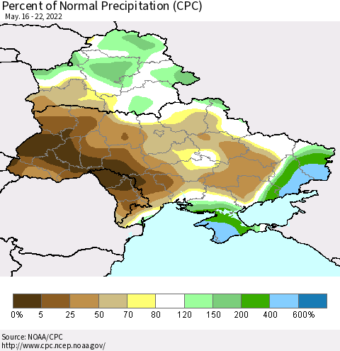 Ukraine, Moldova and Belarus Percent of Normal Precipitation (CPC) Thematic Map For 5/16/2022 - 5/22/2022