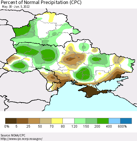 Ukraine, Moldova and Belarus Percent of Normal Precipitation (CPC) Thematic Map For 5/30/2022 - 6/5/2022