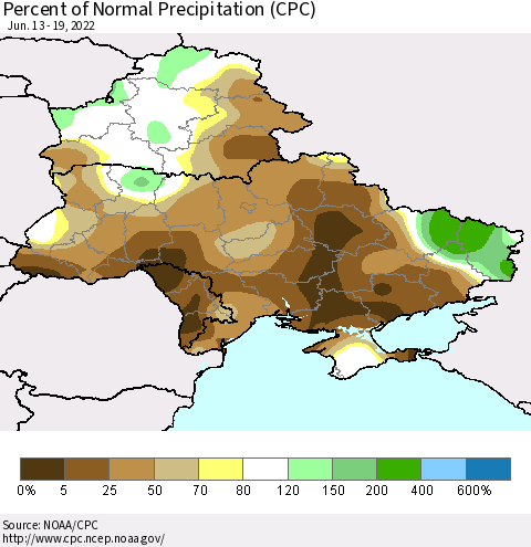 Ukraine, Moldova and Belarus Percent of Normal Precipitation (CPC) Thematic Map For 6/13/2022 - 6/19/2022