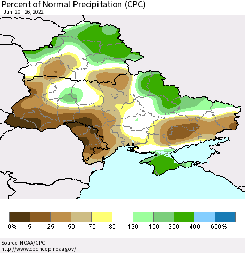 Ukraine, Moldova and Belarus Percent of Normal Precipitation (CPC) Thematic Map For 6/20/2022 - 6/26/2022