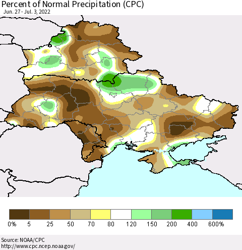 Ukraine, Moldova and Belarus Percent of Normal Precipitation (CPC) Thematic Map For 6/27/2022 - 7/3/2022