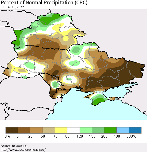 Ukraine, Moldova and Belarus Percent of Normal Precipitation (CPC) Thematic Map For 7/4/2022 - 7/10/2022