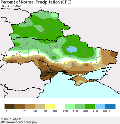 Ukraine, Moldova and Belarus Percent of Normal Precipitation (CPC) Thematic Map For 7/11/2022 - 7/17/2022