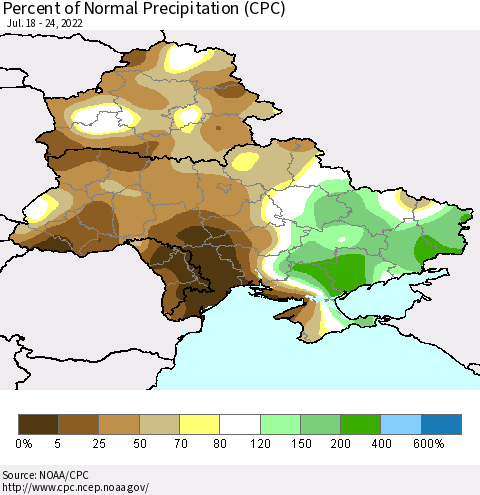 Ukraine, Moldova and Belarus Percent of Normal Precipitation (CPC) Thematic Map For 7/18/2022 - 7/24/2022