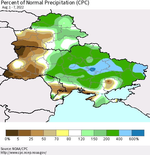 Ukraine, Moldova and Belarus Percent of Normal Precipitation (CPC) Thematic Map For 8/1/2022 - 8/7/2022