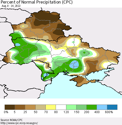 Ukraine, Moldova and Belarus Percent of Normal Precipitation (CPC) Thematic Map For 8/8/2022 - 8/14/2022
