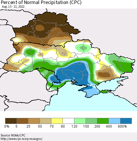 Ukraine, Moldova and Belarus Percent of Normal Precipitation (CPC) Thematic Map For 8/15/2022 - 8/21/2022